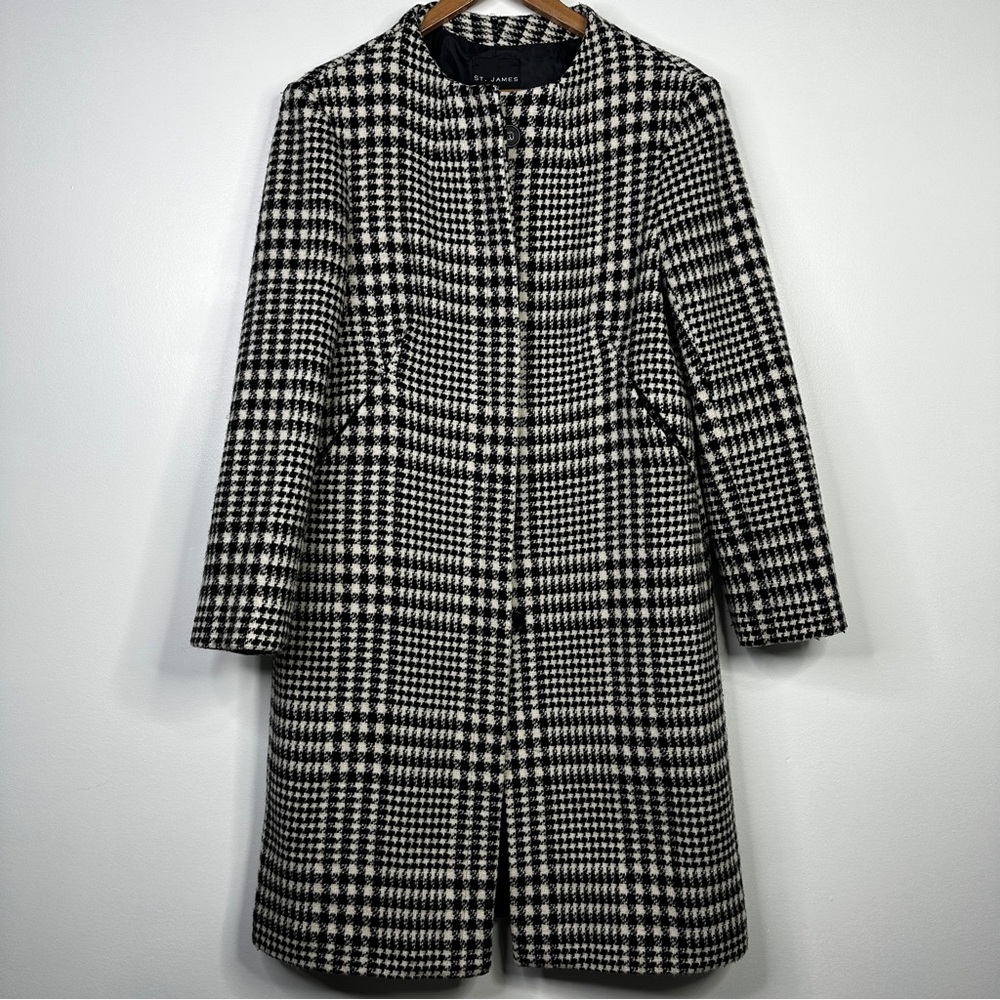 St.James Vintage Black & White Houndstooth Wool Pea Coat Jacket Size 10